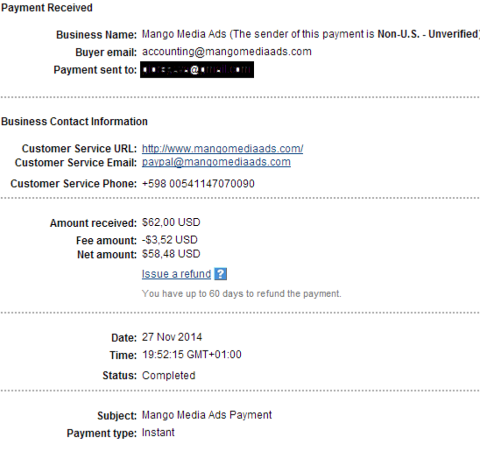 MangoMediaAds Proof of payment